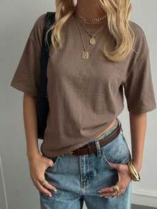 Blusa básica de manga corta, cuello redondo, corte holgado, para mujer, otoño/invierno - Café integral - Ver 4