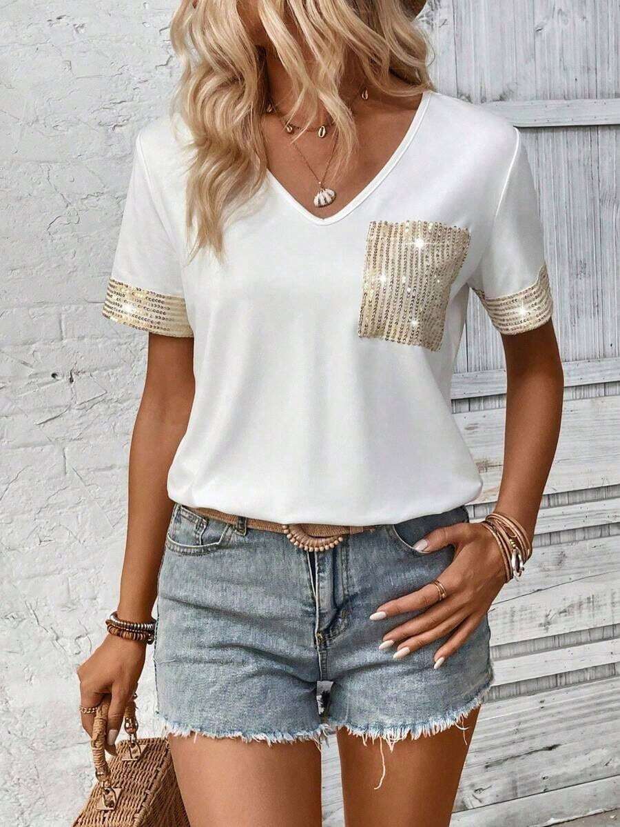 LUNE Camiseta de mujer casual de manga corta con cuello en V, parches y lentejuelas - Blanco 2 - Ver 1