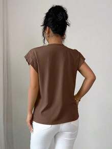 Camiseta de mujer con flores tridimensionales lindas y contrastantes para verano y otoño - Marrón - Ver 2