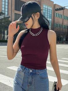 Camiseta de mujer de cuello alto, de unicolor, con ajuste ceñido y mangas cortas, de estilo casual - Morado - Ver 5
