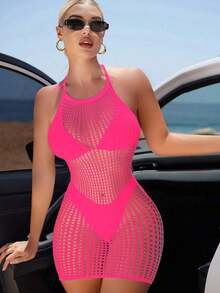Swim  Vestido de encubrimiento sin mangas con cuello halter para mujeres para vacaciones de verano en la playa con apliques huecos - Rosa Fucsia - Ver 5