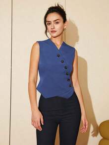 Chaleco corto de mujer de estilo casual de primavera/verano con botones diagonales, estilo de dinero viejo para negocios y ocio - azul real - Ver 6