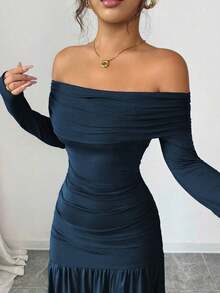 Vestido de punto ajustado de manga larga con hombros descubiertos, elegante y vintage, adecuado para otoño/invierno, Halloween - Azul marino - Ver 5