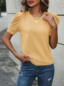 Selamara Camiseta casual de verano para mujer, de unicolor, cuello redondo y manga abullonada - Amarillo - Ver 6