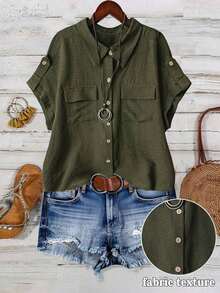 Camisa casual de moda cómoda para mujer de talla grande, de unicolor, con cierre de botones completo, cuello de solapa, manga corta y bolsillos dobles - Verde militar - Ver 8