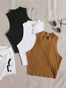 Top de tanque casual sólido de cuello redondo acanalado para el verano - Multicolor 5 - Ver 7