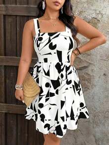 Vestido de talla grande con estampado, lazo en la cintura y decoración para mujeres de vacaciones - Blanco y Negro - Ver 6