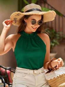 VCAY Blusa de verano para mujer con cuello con volantes, escote en la espalda y top sin mangas - Verde Oscuro - Ver 3