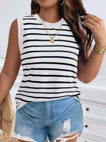 Chaleco sin mangas de mujer de talla grande, casual, de cuello redondo y con estampado de limón, de hombros anchos - Blanco y Negro 2 - Ver 1
