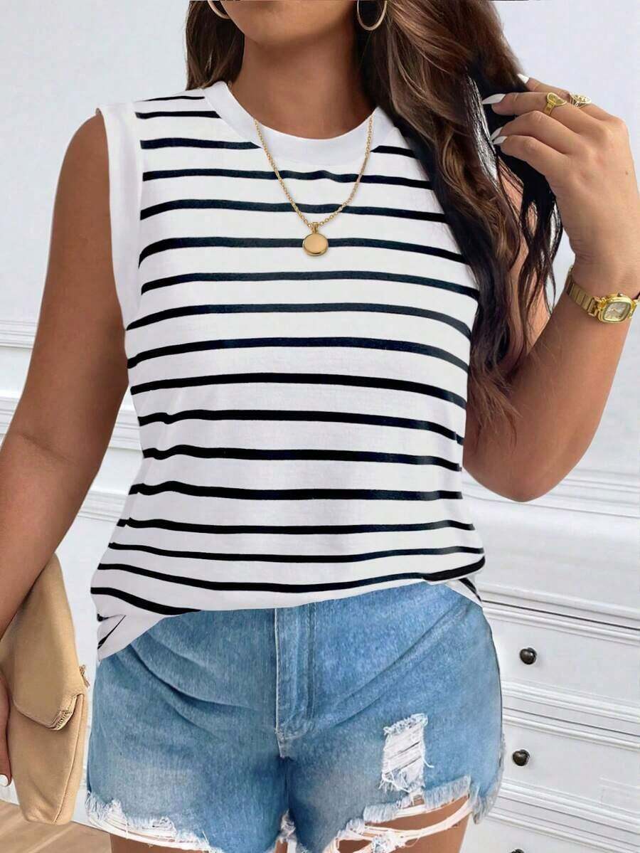 Chaleco sin mangas de mujer de talla grande, casual, de cuello redondo y con estampado de limón, de hombros anchos - Blanco y Negro 2 - Ver 1