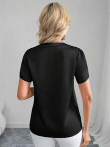 Blusa de satén de unicolor con mangas de pétalos elegante y de estilo antiguo con escote en V para primavera/verano - Negro - Ver 2
