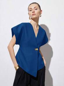 Chaqueta de mujer con cuello en V elegante, hombros anchos, bajo asimétrico, botones decorativos y mangas cortas, diseño minimalista y versátil para el uso diario - Azul - Ver 6