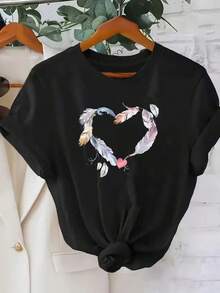 1pc Camisetas Para Mujer T-shirt única con diseño de corazón hecho de plumas coloridas estilo y2k ideal para destacar tu estilo en cualquier ocasión perfecta para amantes de la moda y la originalidad compra ahora y transforma tu guardarropa con esta pieza especial Camiseta De Manga Corta De Algodón - Negro - Ver 1