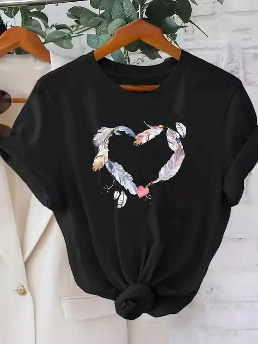 1pc Camisetas Para Mujer T-shirt única con diseño de corazón hecho de plumas coloridas estilo y2k ideal para destacar tu estilo en cualquier ocasión perfecta para amantes de la moda y la originalidad compra ahora y transforma tu guardarropa con esta pieza especial Camiseta De Manga Corta De Algodón - Negro - Ver 1