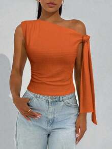 de mujer de estilo elegante y romántico para primavera, con cuello asimétrico, estilo elegante y sexy, adecuado para fiestas, vacaciones, citas románticas y vestidos de boda, con textura de punto y tirantes cruzados en los hombros, en color - Naranja - Ver 4