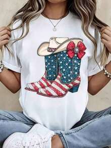 Women's Crew Neck T-Shirt With A Patriotic Cowboy Hat And Boot Design Featuring The American Flag. Short Sleeves, Casual Summer Style Perfect For Independence Day Celebrations. Women's Summer Outfits, Women's Vacation Clothes, Stylish - 白色 - 查看 11