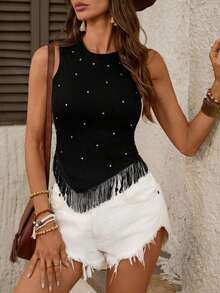 Top corto con flecos y tachuelas de estilo bohemio y western para festivales de música de verano, conciertos occidentales y raves europeas de verano para mujeres - Negro - Ver 7