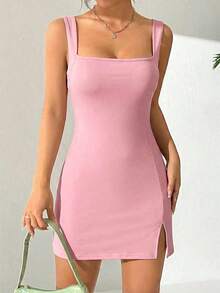 Vestido Sin Mangas Con Dobladillo Con Abertura Alta - Rosa - Ver 5