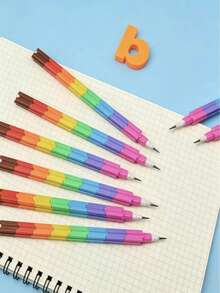 Fun Rainbow-Colored Interlocking Pencil Set, 4 Boxes Containing Pencils Without Points That Can Be Stacked, 15.5 Cm Multi-Colored Pencils, Back-To-School Stationery Gift, Suitable For Children. - A - View 3