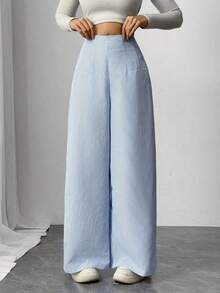 Pantalones anchos de cintura alta y pierna ancha para mujer, color azul, adecuados para la playa, el aeropuerto, de estilo modesto - Azul y blanco - Ver 1