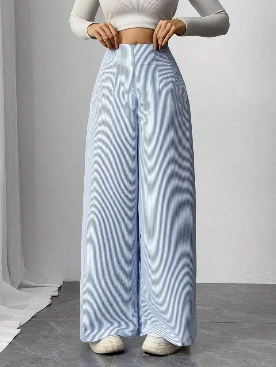 Pantalones anchos de cintura alta y pierna ancha para mujer, color azul, adecuados para la playa, el aeropuerto, de estilo modesto - Azul y blanco - Ver 1
