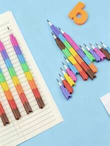 Fun Rainbow-Colored Interlocking Pencil Set, 4 Boxes Containing Pencils Without Points That Can Be Stacked, 15.5 Cm Multi-Colored Pencils, Back-To-School Stationery Gift, Suitable For Children. - A - View 7