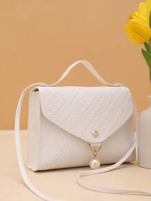 Solid Color Grass Texture Pearl Pendant Crossbody Handbag - White - View 6