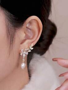 1 Đôi bông tai thời trang cao cấp dành cho nữ, thiết kế cá nhân hóa hình lá, cánh hoa, ngọc trai giả đính đá, phụ kiện trang sức thanh lịch. - Vàng - Xem 3