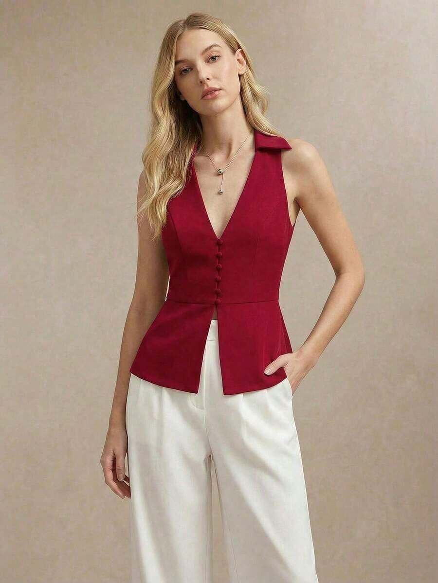 Blusa sin mangas de cuello blanco para mujer, de estilo urbano moderno y elegante, versátil para uso diario, con un toque retro de los 90.Adecuada para Navidad, Año Nuevo, San Valentín, fiestas, playa, graduación, moda, festivales, vacaciones, in - Rojo - Ver 1