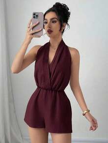 Mono elegante y romántico sin espalda con cuello halter para mujer, adecuado para fiestas, vacaciones, citas y bodas, cumpleaños - Burdeos - Ver 5