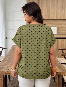 Blusa holgada de mujer talla grande con cuello redondo, mangas de murciélago y lunares en contraste, adecuada para uso diario y vacaciones, primavera/verano - Multicolor - Ver 2