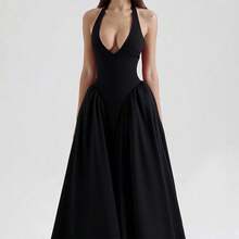 Elegant Women's Party Dress, New Spring Collection, V-Neck With Halter Straps, Sensual Style - Black - View 5