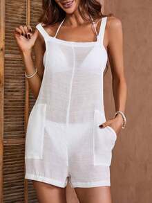 Swim Vcay Cubierta Sólida De Manga Corta Cuello Cuadrado Con Bolsillo Y Detalle Transparente - Blanco - Ver 3