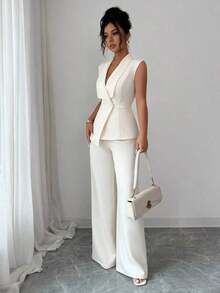 Conjunto de oficina elegante para mujer, compuesto por una chaqueta blazer sin mangas con cuello y bajo asimétrico, con hebilla metálica en la cintura, combinada con pantalones de cintura elástica.Conjunto de 2 piezas elegante para primavera/verano, atuendo formal y de clase para mujer. - Albaricoque - Ver 6