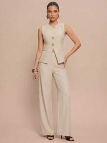 Conjunto de 2 piezas elegante estilo francés con botón con diseño de flor para tiempo libre/commuter para mujer - Albaricoque 2 - Ver 5
