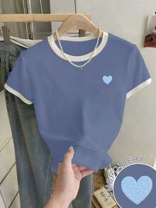 Camiseta de manga corta con cuello redondo, estampado de corazón y ribete de bloques de color para mujer talla grande, verano - Multicolor - Ver 1