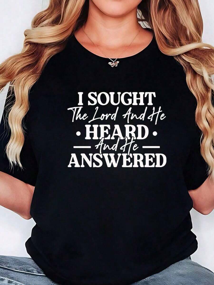 Plus Size Women's Short Sleeve Crew Neck Graphic T-Shirt - "I Sought The Lord And He Heard And Answered" Inspirational Prayer Motto, Christian Faith Aesthetic, Casual Everyday Top - 黑色 - 查看 1