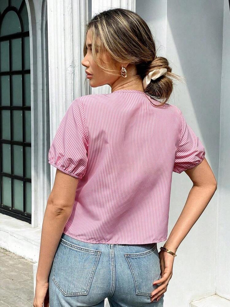 Blusa de mujer con manga corta, volantes y lazo en el bajo, de estilo casual y sexy para vacaciones - Multicolor 2 - Añade 2