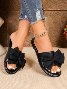 Plus Size Wide Width Women's Fashion Round Toe Flat Sandals, New Bowknot Black Soft Bottom Lightweight Casual Beach Slippers For Summer - Black - View 3