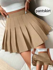 Falda pantalón casual de talle alto con pliegues y rayas para mujer - Caqui - Ver 1