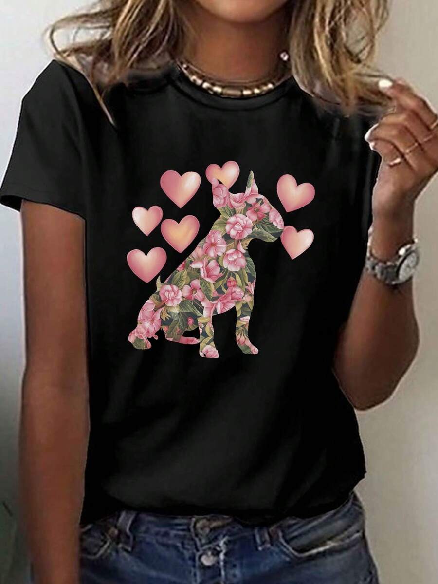Women's Pet Lover T-Shirt - Casual Short-Sleeved Crew Neck T-Shirt With Floral And Bulldog Breed Prints, Medium Elasticity, Machine Washable Pet-Themed Clothing - Unisex Loose Cotton Short-Sleeved Crew Neck T-Shirt, Urban Vintage Style. - 黑色 - 查看 1