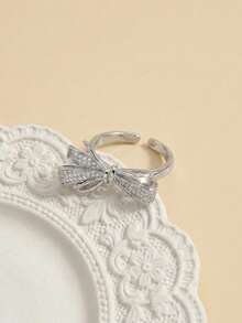 1 pieza Anillo de cobre con base de circonita y lazo adorable, joyería apilable de verano - Plateado - Ver 6