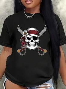 Camiseta de manga corta de poliéster, decorada con un diseño de calavera pirata y espadas cruzadas, ligera y duradera, adecuada para uso casual en casa o en restaurantes, la camiseta presenta un diseño estampado.women's shirts - Negro - Ver 7