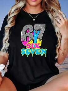 Graphic67 Six Seven Graphic T-Shirt With Colorful Drip Design, Women's Casual Summer Top, Oversized White T-Shirt, Fashion Garment, Women's T-Shirt - 黑色 - 查看 6