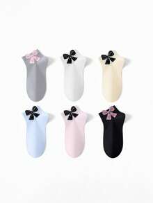 3/6 Pairs Morandi Color Bow Jacquard Mid-Calf Socks, Japanese Gentle Style Low-Cut Short Socks, Korean Ins Versatile Student Socks, Breathable Sweat-Absorbing Comfortable Non-Binding Girl Soft Style Daily Commute Casual Versatile Socks Set, Multiple Colors Available - Multicolor - View 2
