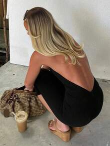 Women's Basic Solid Color Slimming Clothing For Sports And Leisure, Halter Neck And Mid-Length Pants - 黑色 - 查看 4