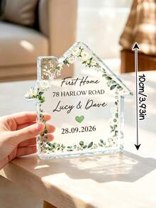 1pc Custom Eucalyptus Floral First Home Clear Acrylic Plaque, Personalized Name Address Date House Stand, Housewarming Closing Gift For Couple New Homeowners, Wedding/Anniversary Desk Decor Keepsake - Multicolor - View 3