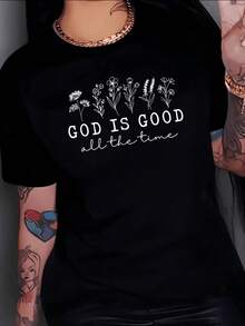 Flores delicadas que simbolizan pureza esperanza y fe junto a un mensaje inspirador que recuerda la bondad constante de la vida camiseta de mujer cómoda casual moderna para uso diario - Negro - Ver 1
