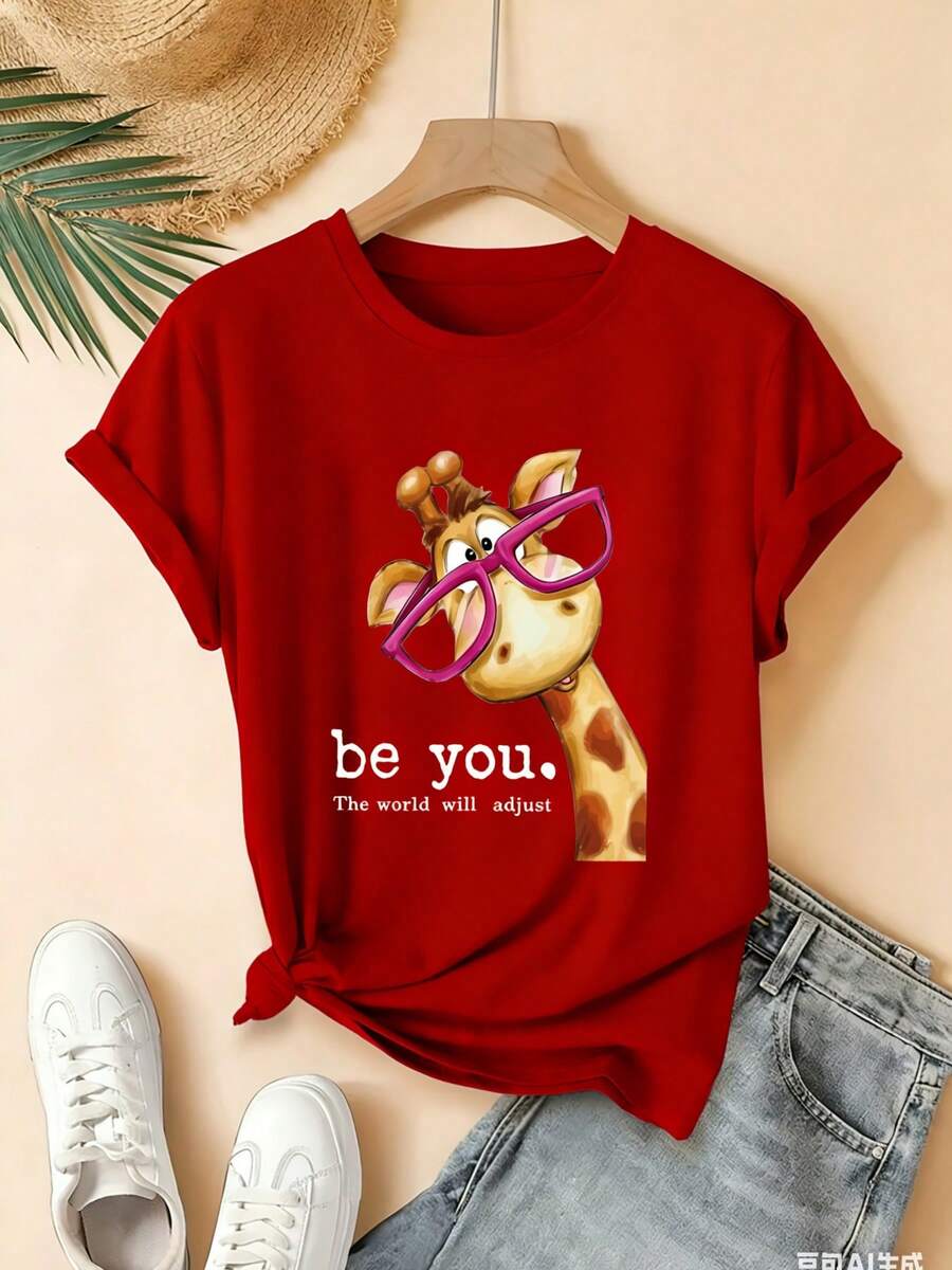 High-End Summer T-Shirt For Women, Short Sleeve T-Shirt With Novel Design, Casual Sporty Style With Elastic Neck, 100% Cotton, Giraffe Print With Adorable Glasses, Create Your Own Style, Artistic Casual Top, Simple Fashion And A Success. - 紅色 - 查看 1