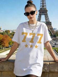 Camiseta de manga corta con cuello redondo suave y casual de verano para mujer, tops para mujer, Generación Z, tops, curvas, tops de mujer, tops de verano, conjuntos de primavera, estilo callejero americano, casual deportivo, estilo unisex, estilo casual urbano, ropa de calle retro, top , tops blancos, el número de la suerte 777, significado auspicioso, estrella de cinco puntas, honor, campeón, trinidad. BlancoAdecuado para primavera, verano y otoño - Blanco - Ver 1